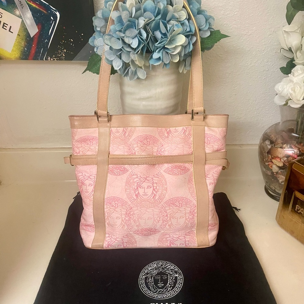 Versace Pink and Tan Tote Bag with Medusa Logo